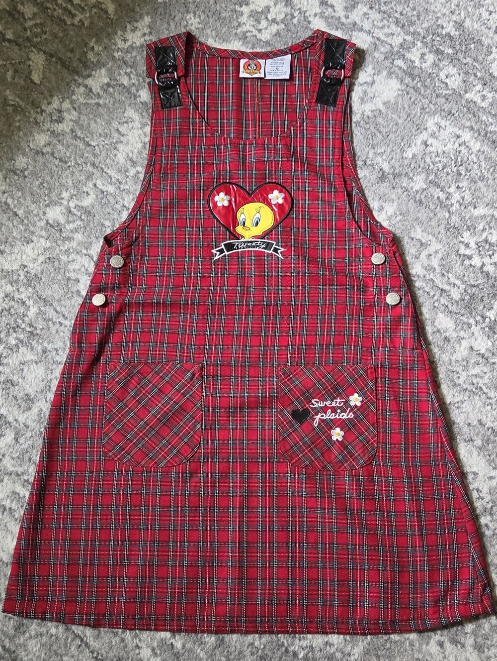 VTG 1997 Looney Tunes Tweety Bird Plaid Jumper Dress - Girls 12 Perfect Cond